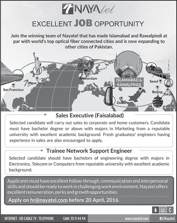 Nayatel Jobs April 2016 in Islamabad, Rawalpindi & Faisalabad Sales Executive & Trainee Network Support Engineer Latest