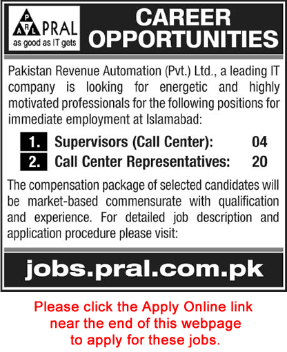 PRAL Jobs April 2016 Islamabad Apply Online Call Center Representatives & Supervisors Latest