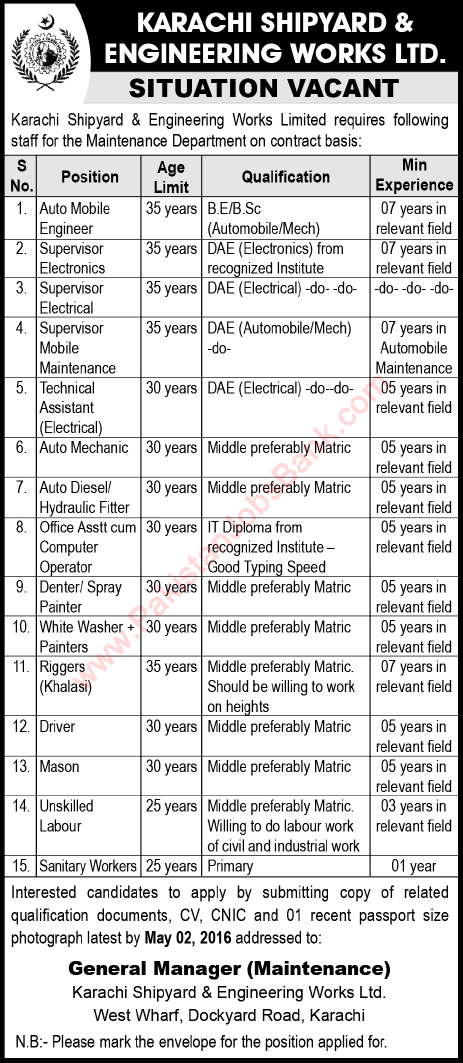 Karachi Shipyard and Engineering Works Jobs April 2016 KSEW Engineers, Mechanics & Others Latest