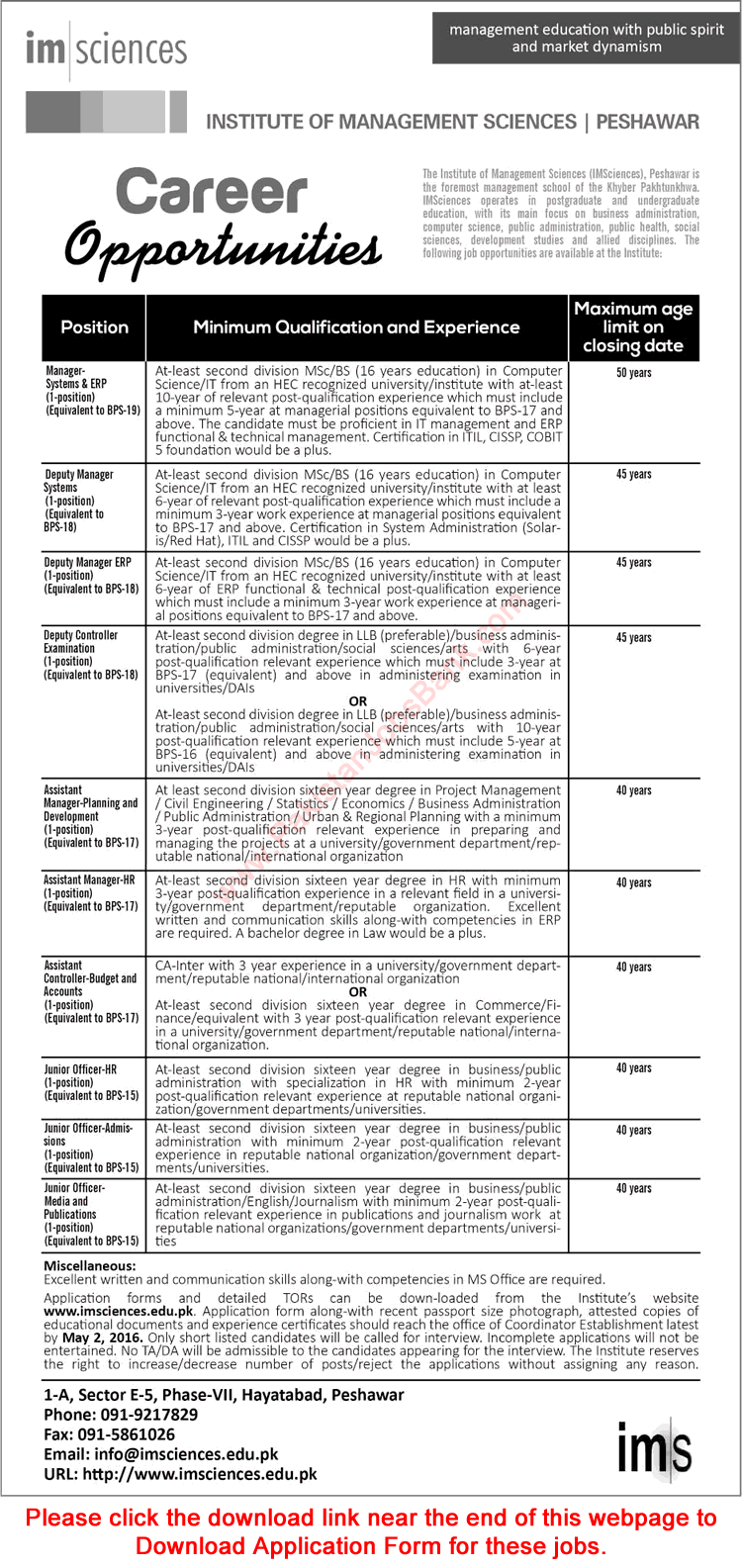 Institute of Management Sciences Peshawar Jobs 2016 April IMSciences Managers & Officers Application Form Latest