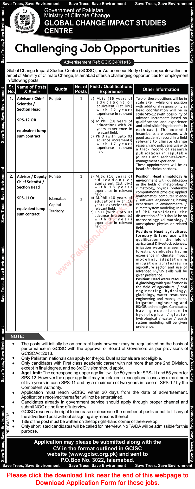 Global Change Impact Studies Centre Islamabad Jobs 2016 April GCISC Chief Scientists