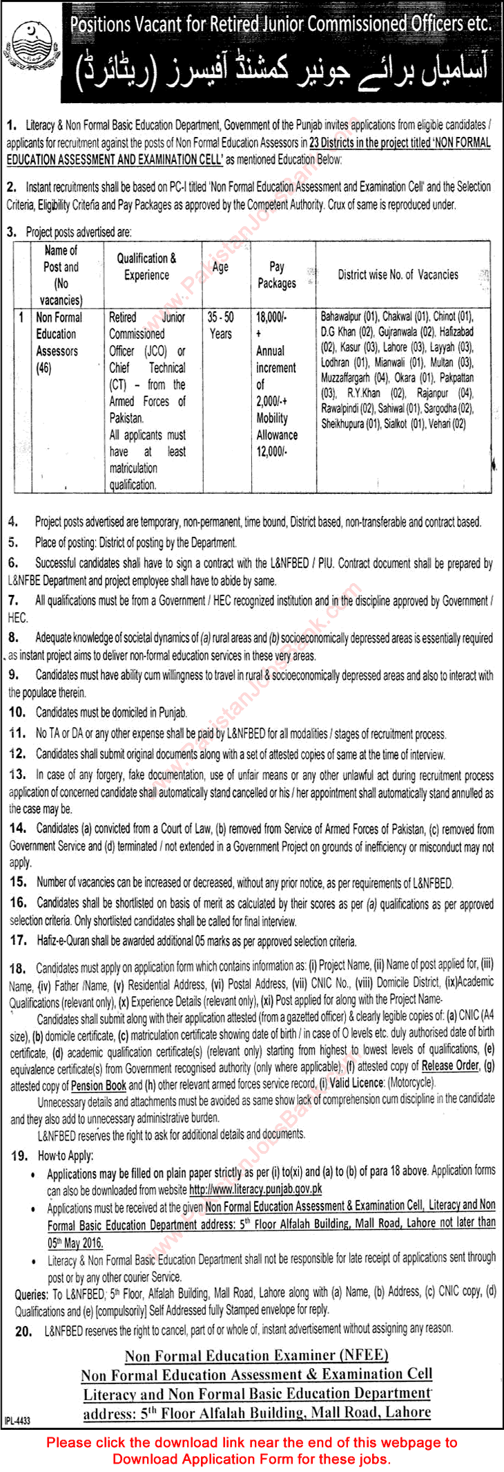 Non Formal Education Assessors Jobs in Literacy Department Punjab 2016 April Application Form Download Latest