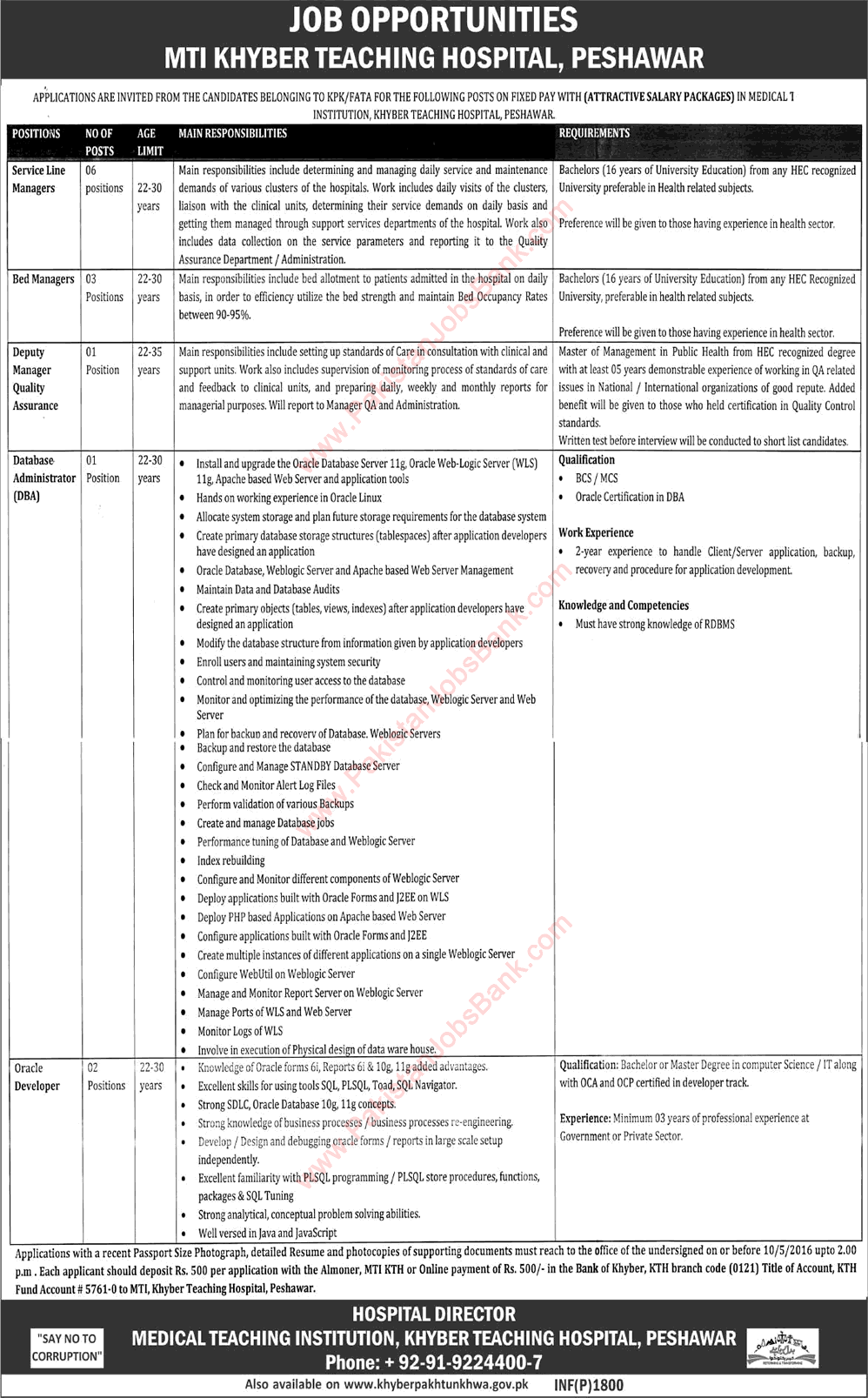 Khyber Teaching Hospital Peshawar Jobs April 2016 MTI KTH Service Line Managers & Others Latest