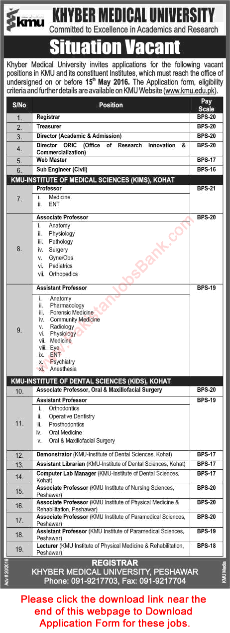 Khyber Medical University Peshawar Jobs April 2016 KMU Application Form Teaching Faculty & Others Latest