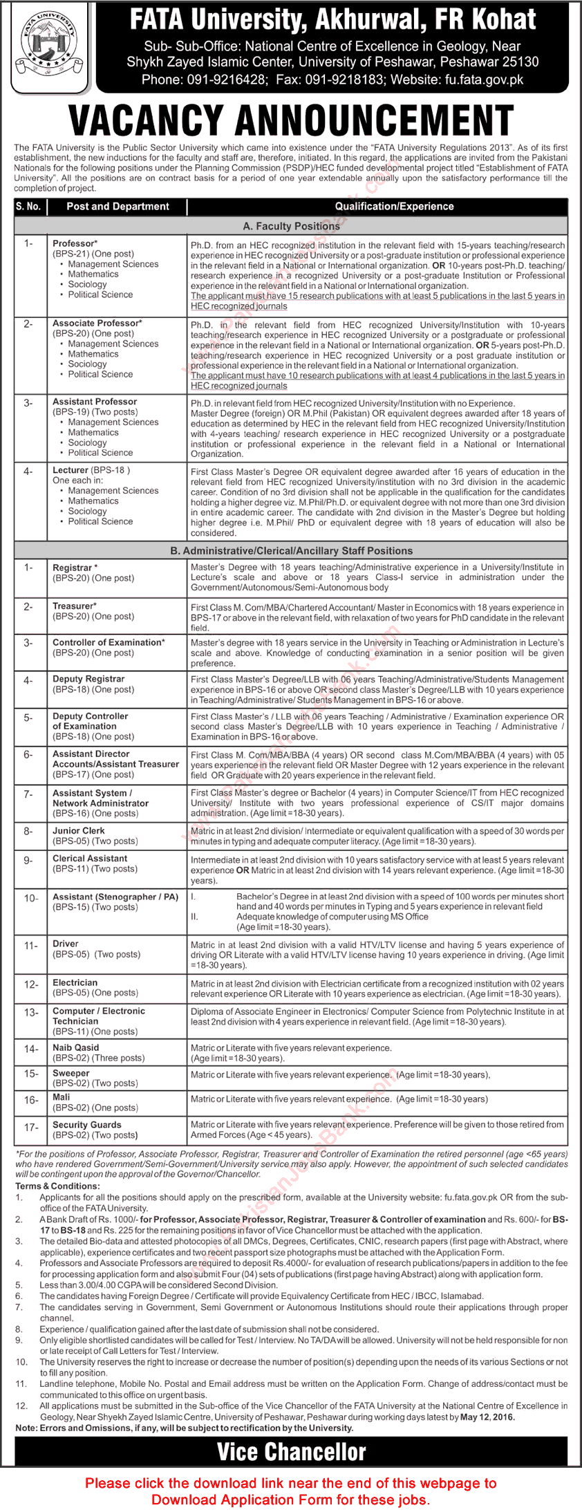 FATA University Jobs 2016 April Application Form Teaching Faculty, Admin & Support Staff Latest