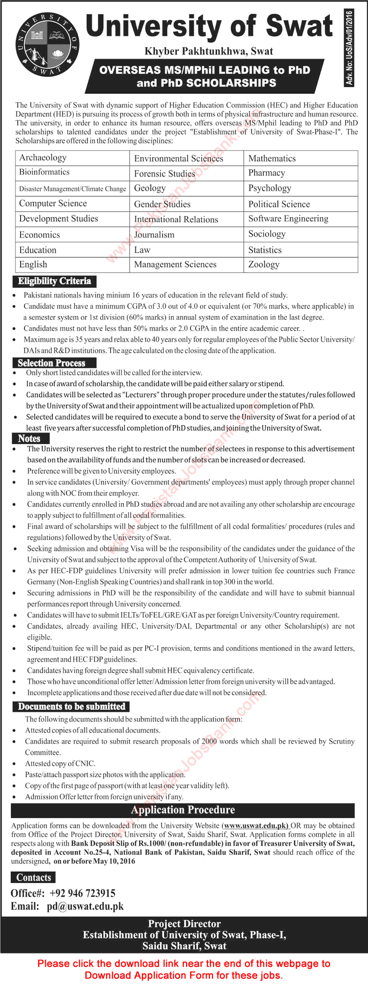University of Swat Overseas MS / MPhil / PhD Scholarships 2016 April Application Form Download Latest