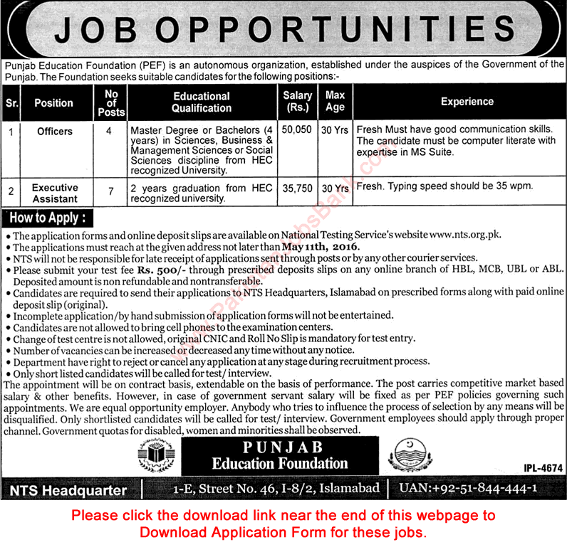 Punjab Education Foundation Jobs April 2016 PEF Executive Assistants & Officers NTS Application Form Latest