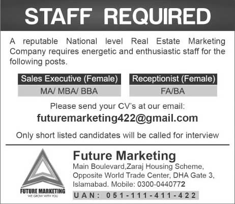 Sales Executive & Receptionist Jobs in Islamabad April 2016 at Future Marketing Latest