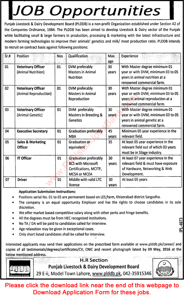 Punjab Livestock and Dairy Development Board Jobs April 2016 PLDDB Application Form Download Latest