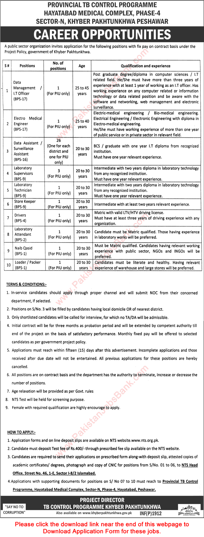 Provincial TB Control Program KPK Jobs 2016 April NTS Application Form Download Latest Advertisement