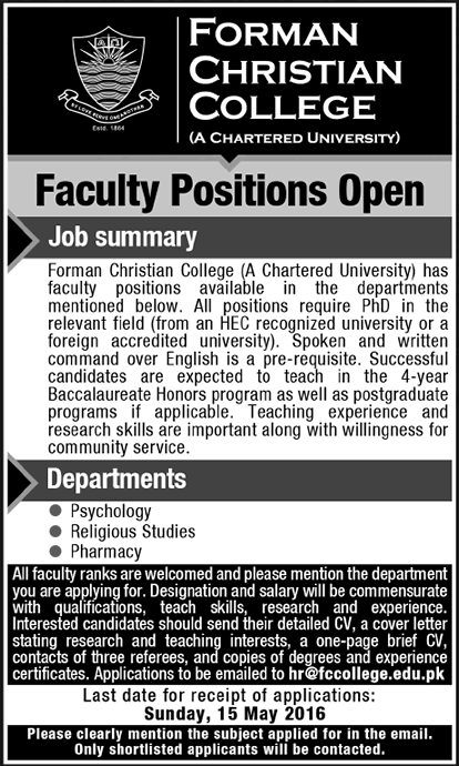 Forman Christian College Lahore Jobs May 2016 FCC Teaching Faculty Latest