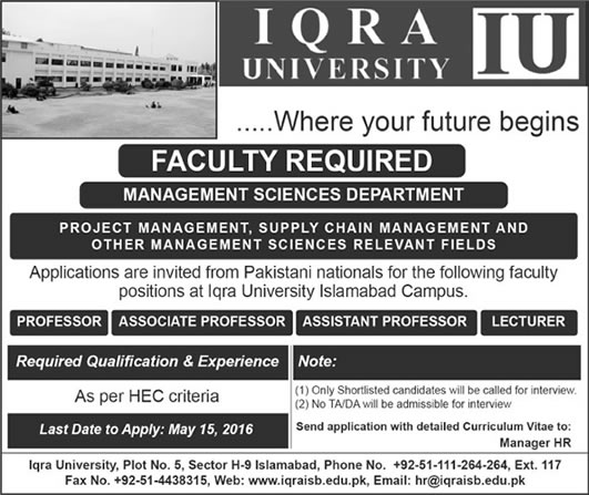 Iqra University Islamabad Jobs May 2016 for Teaching Faculty Latest