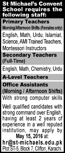 St Michael Convent School Karachi Jobs 2016 for Teachers & Office Assistants Latest