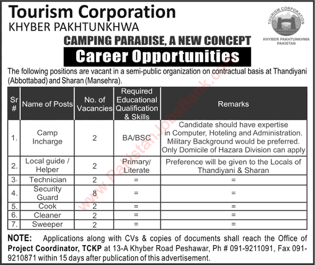Tourism Corporation KPK Jobs 2016 May TCKP Khyber Pakhtunkhwa Latest