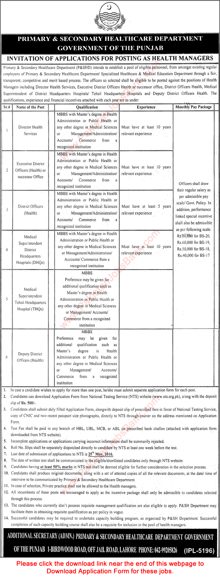 Primary and Secondary Healthcare Department Punjab Jobs May 2016 NTS PSHD Application Form Download Latest