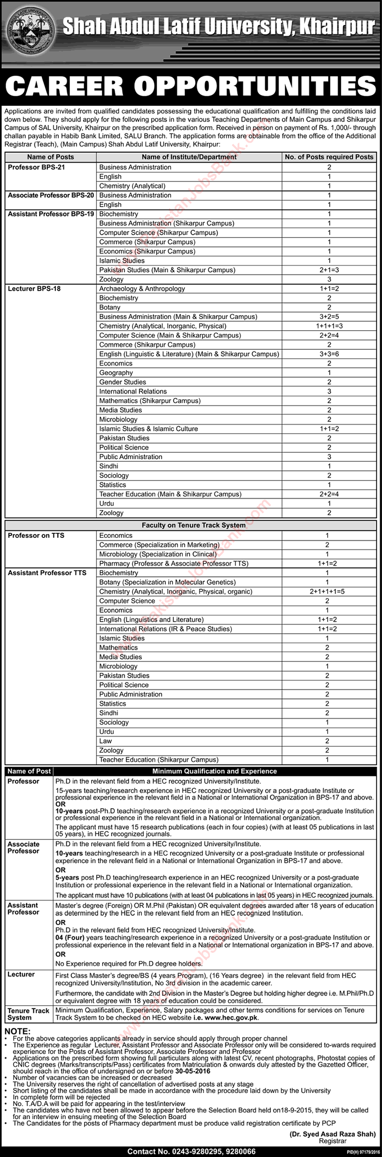 Shah Abdul Latif University Khairpur Jobs 2016 May SALU Teaching Faculty Latest Advertisement