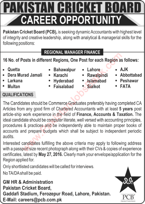 Pakistan Cricket Board Jobs 2016 May PCB Regional Manager Finance Latest Advertisement