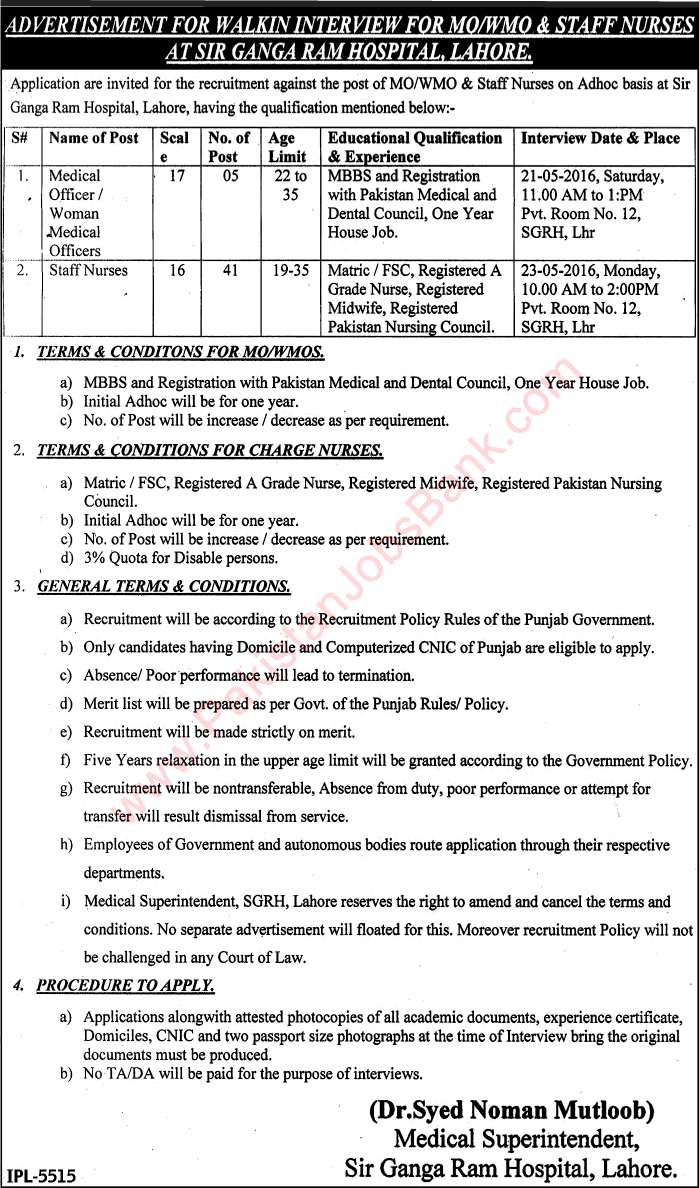 Sir Ganga Ram Hospital Lahore Jobs May 2016 Staff Nurses, Women / Medical Officers Latest