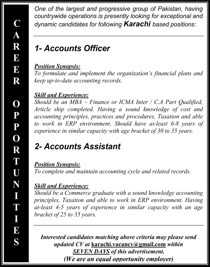 Accounts Officer / Assistant Jobs in Karachi May 2016 Latest / New