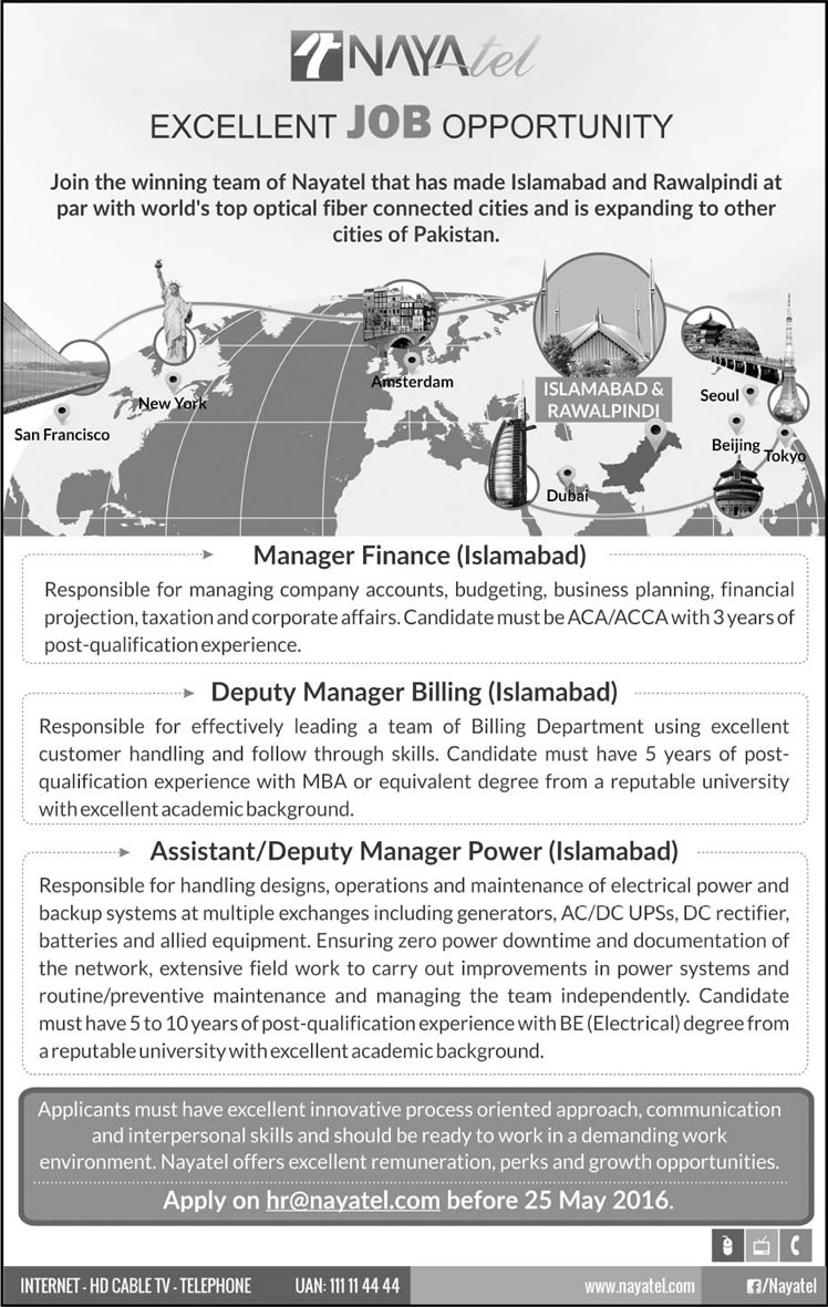 Nayatel Jobs in Islamabad May 2016 Billing & Finance Managers and Electrical Engineer Latest