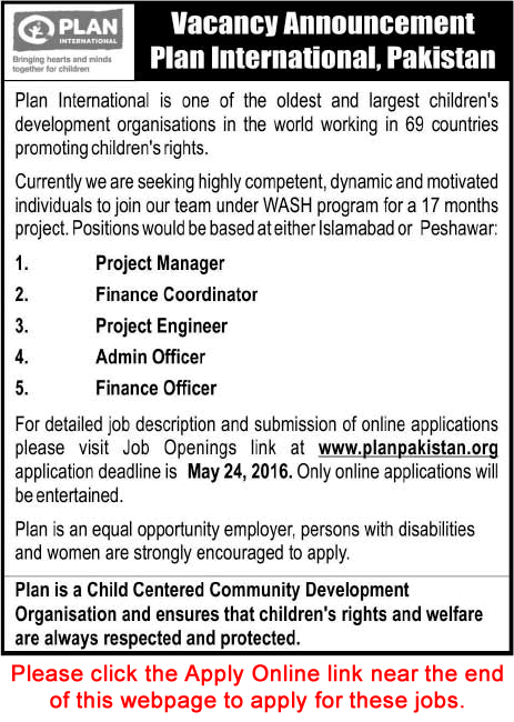 Plan Pakistan Jobs May 2016 Apply Online Project Manager / Engineer, Finance Officer & Others Latest