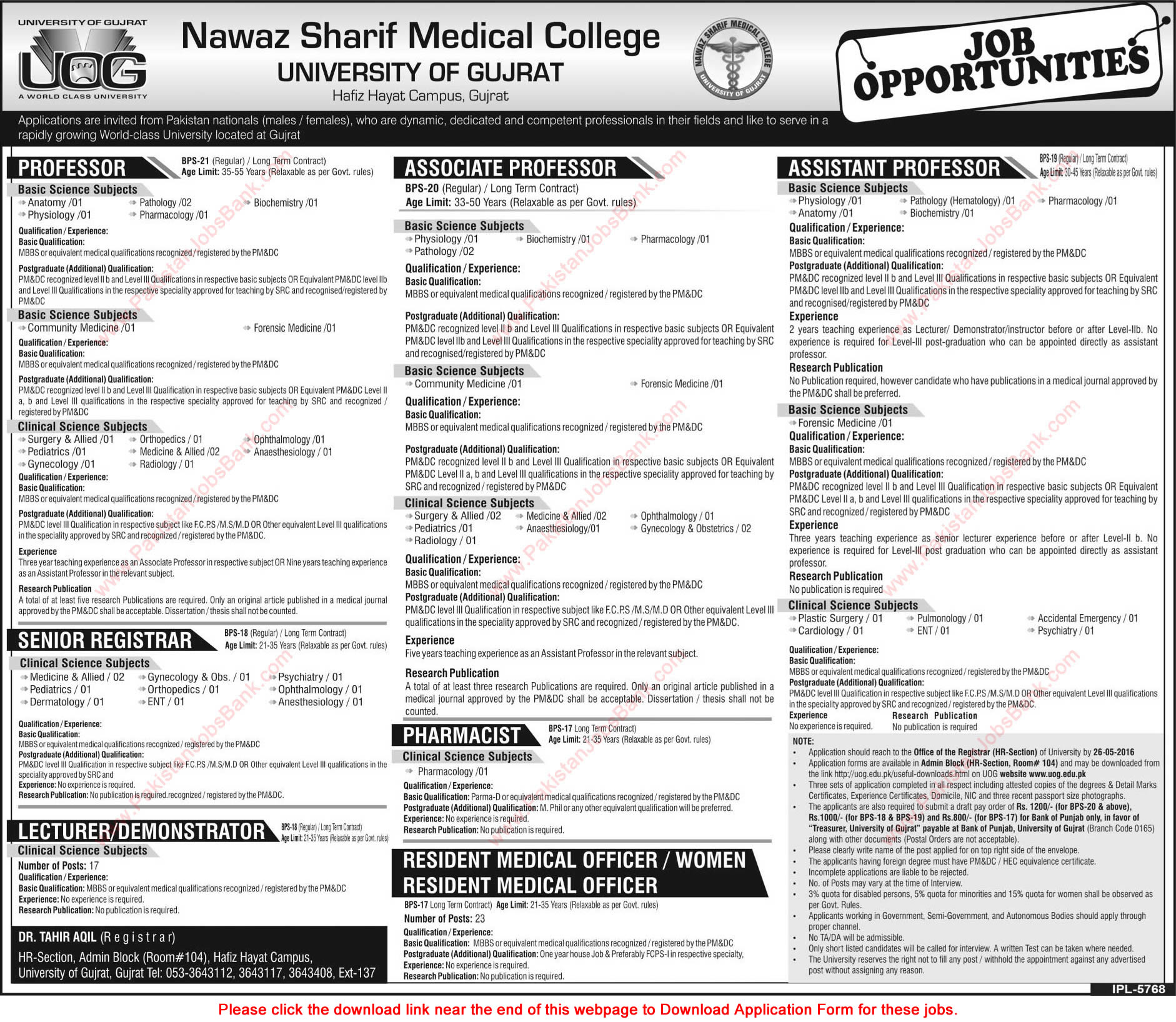 Nawaz Sharif Medical College University of Gujrat Jobs May 2016 UOG Application Form Teaching Faculty, Medical Officers & Pharmacist Latest
