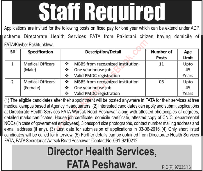 Health Department FATA Jobs 2016 May Medical Officers (MO & WMO) Latest