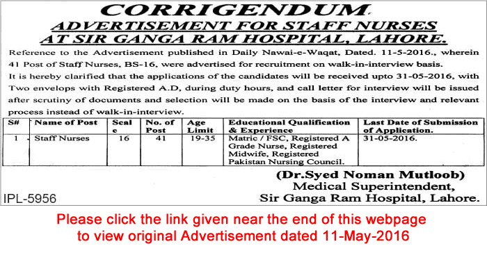 Sir Ganga Ram Hospital Lahore Jobs May 2016 Staff Nurses Corrigendum Latest