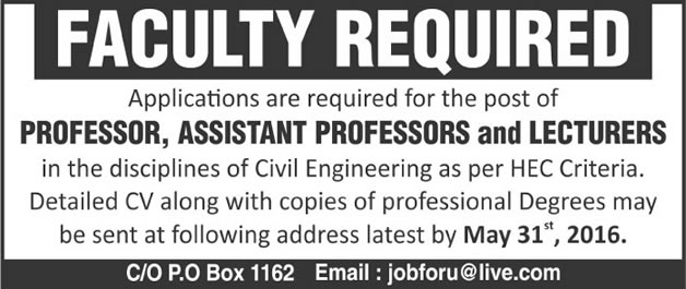 PO Box 1162 Islamabad Jobs 2016 May Teaching Faculty at University of Lahore Latest