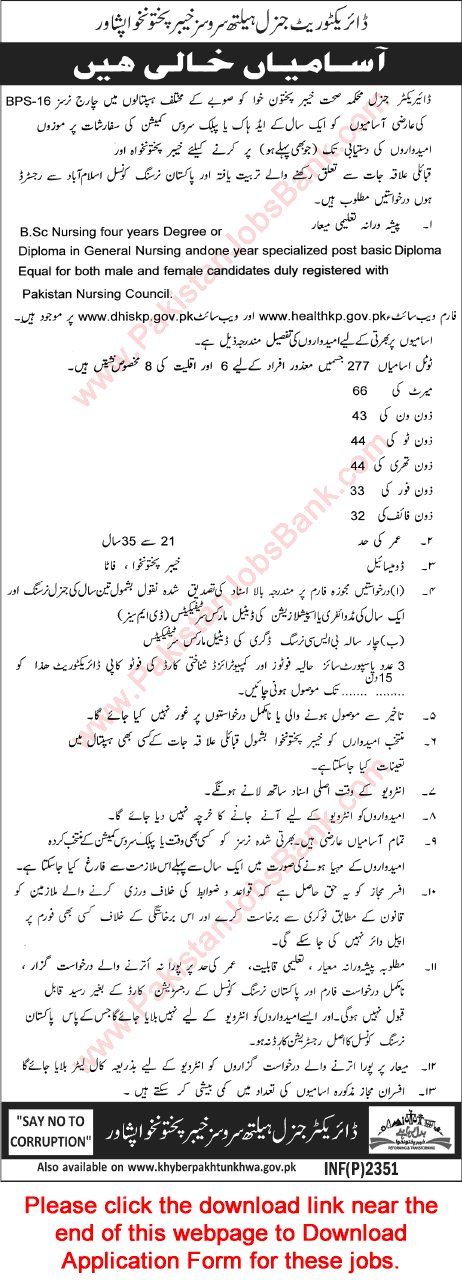 Charge Nurses Jobs in Health Department KPK May 2016 Application Form Download Latest