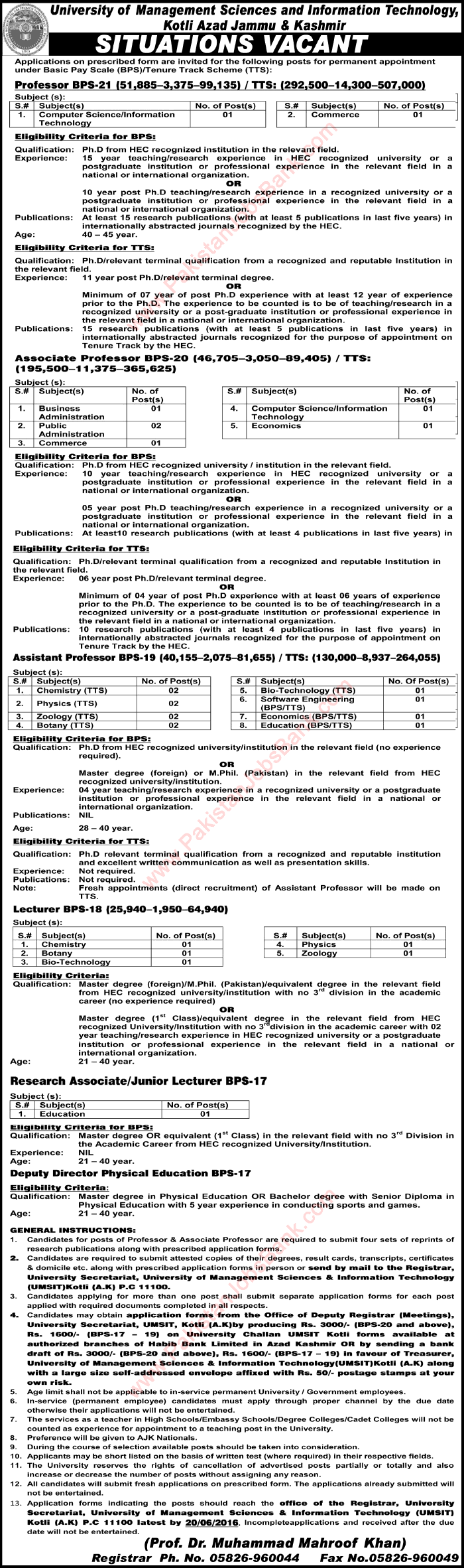 UMSIT Kotli Jobs 2016 May University of Management Sciences and Information Technology Teaching Faculty & Others Latest