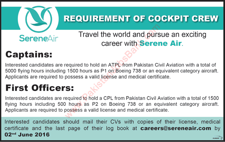Pilot Jobs in Serene Air Pakistan 2016 May First Officers & Captains Latest