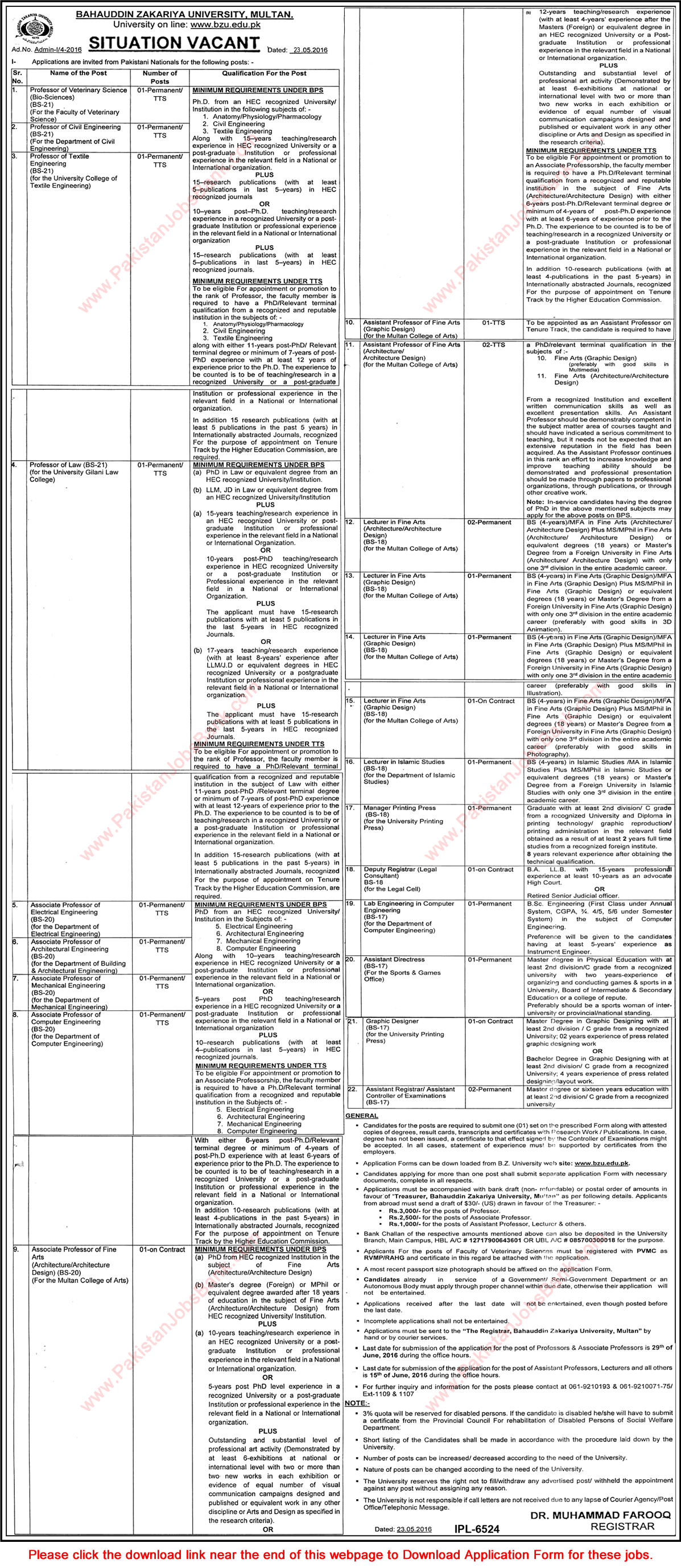 Bahauddin Zakariya University Multan Jobs May 2016 June BZU Application Form Teaching Faculty & Others Latest