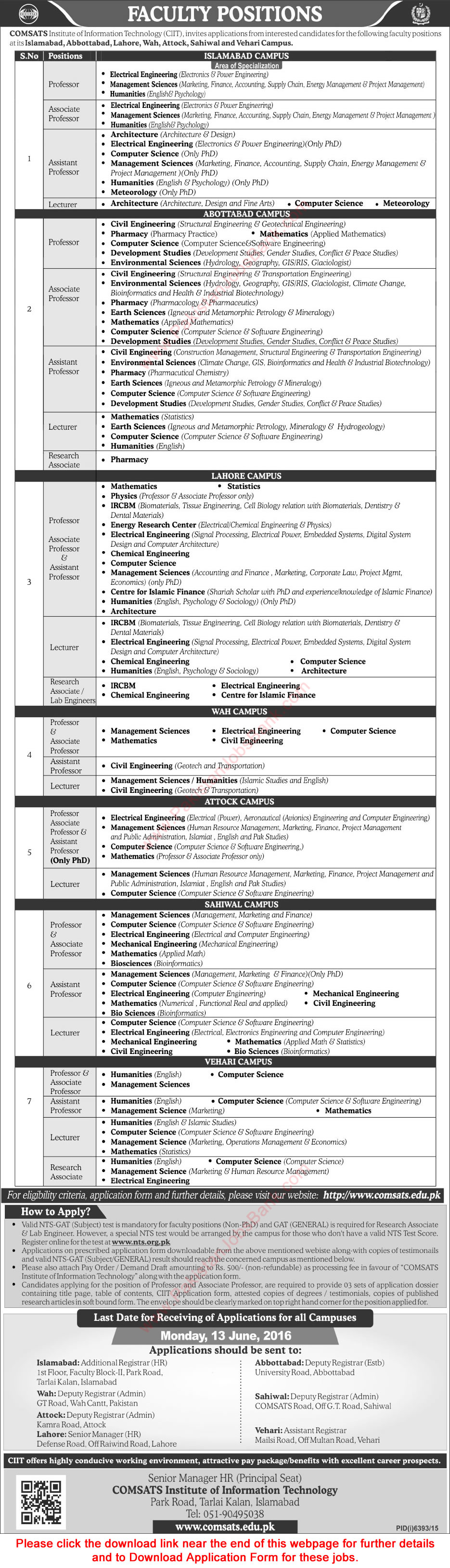 COMSATS Jobs May 2016 June CIIT Application Form Teaching Faculty, Research Associate & Lab Engineers Latest