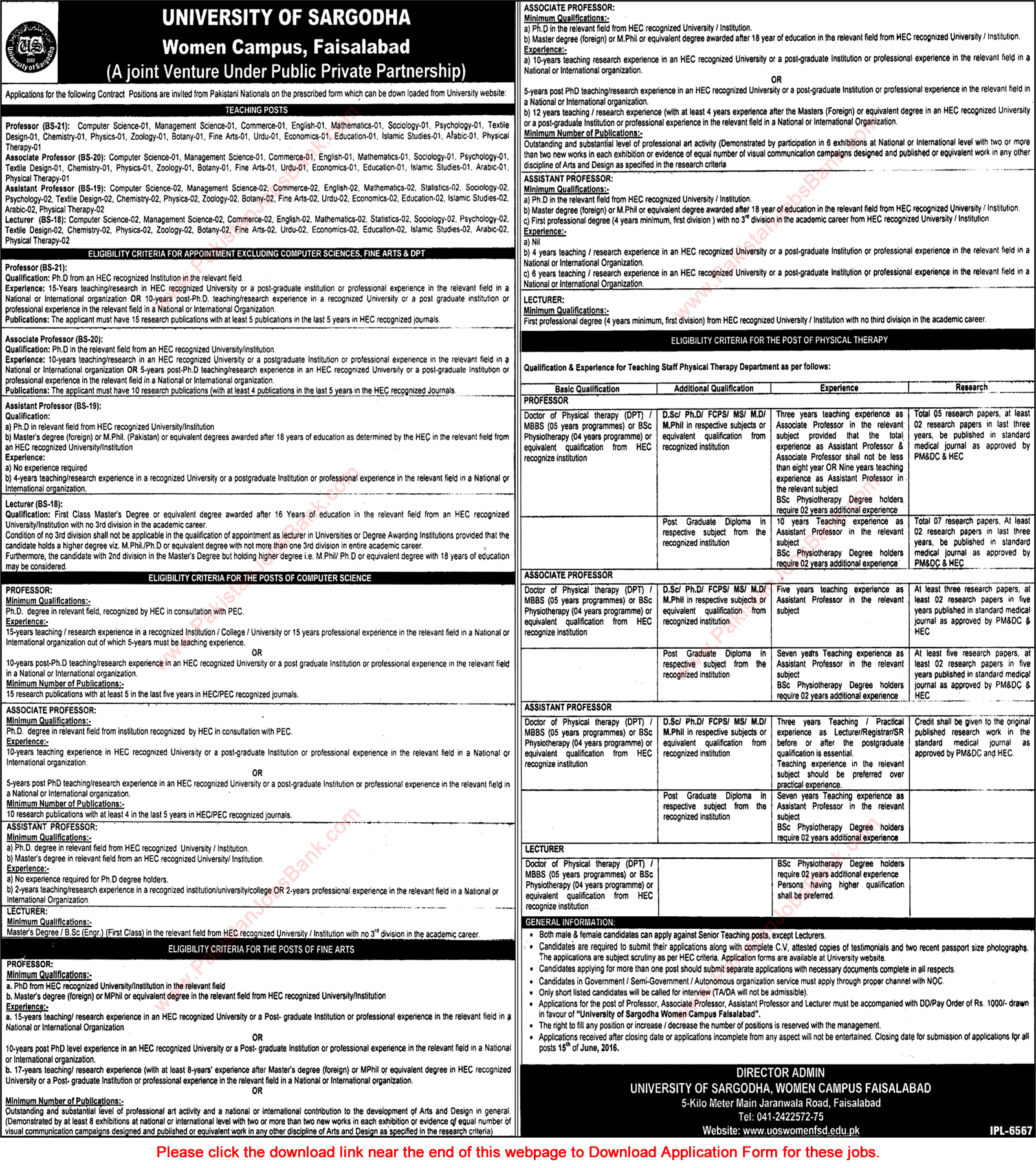 University of Sargodha Women Campus Faisalabad Jobs May 2016 June Application Form Teaching Faculty Latest