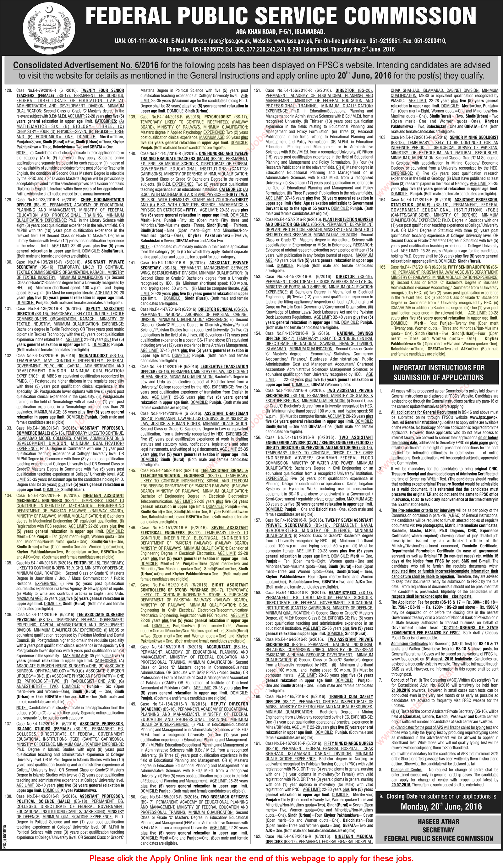 Pakistan Railways Jobs June 2016 FPSC Senior Auditors, Assistant Engineers & Others Apply Online Latest