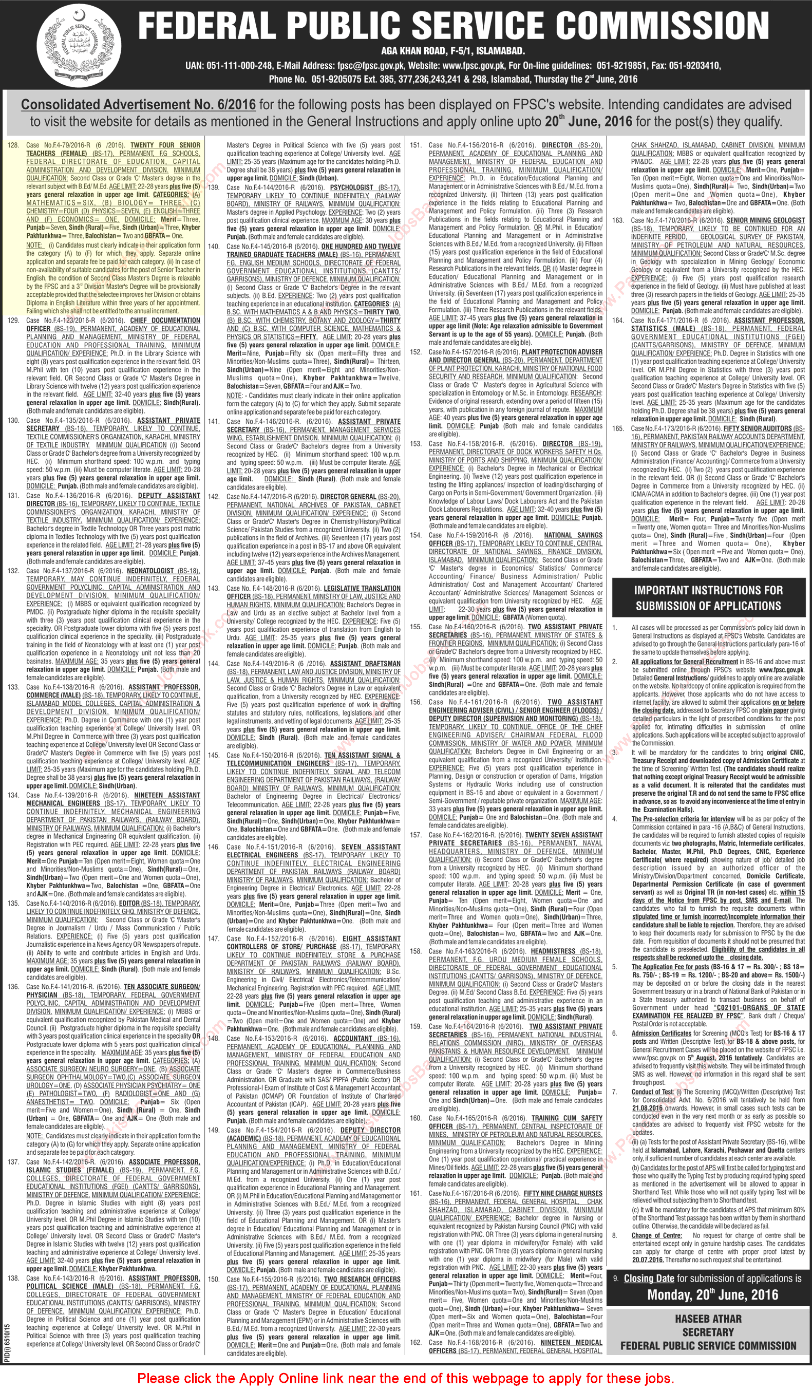 Federal Directorate of Education Islamabad Jobs June 2016 FPSC Senior Teachers Apply Online CADD Latest