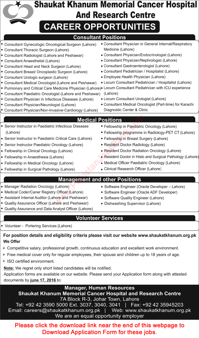 Shaukat Khanum Hospital Jobs June 2016 Application Form Download SKMCH&RC Latest Advertisement