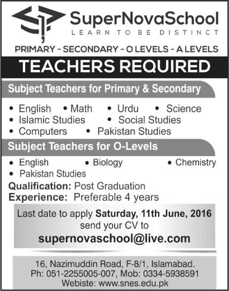 Teaching Jobs in Islamabad June 2016 at Supernova School Latest