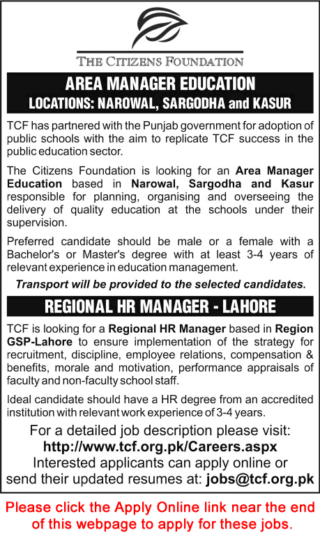 The Citizens Foundation Jobs June 2016 TCF Apply Online Area Education Managers & HR Manager Latest