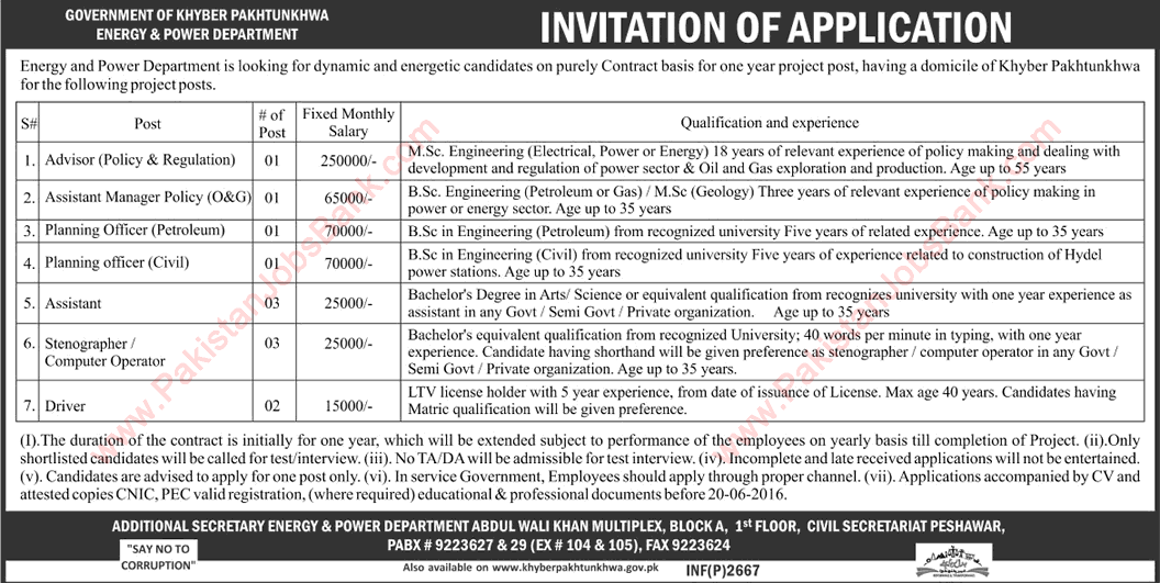 Energy and Power Department KPK Jobs June 2016 Stenographers / Computer Operators, Assistants & Others Latest