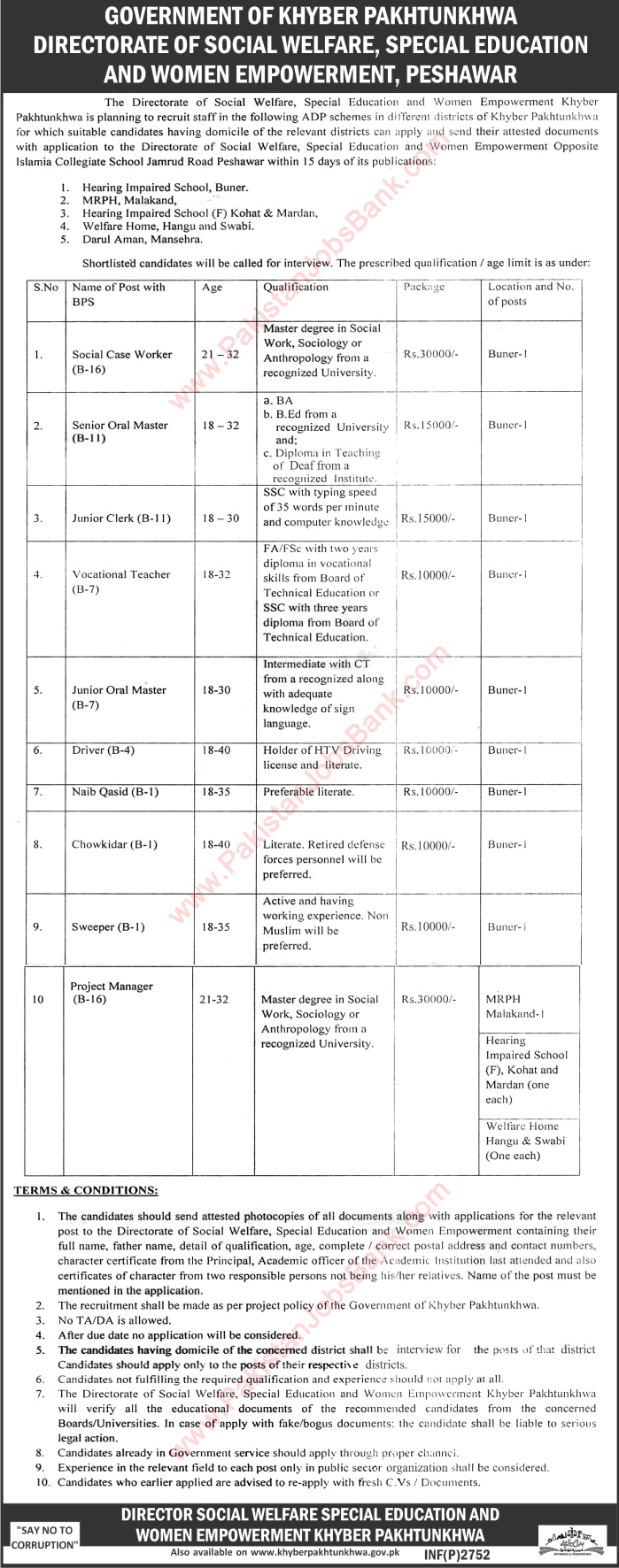 Social Welfare Department KPK Jobs June 2016 Project Managers, Vocational Teacher, Oral Masters & Others Latest