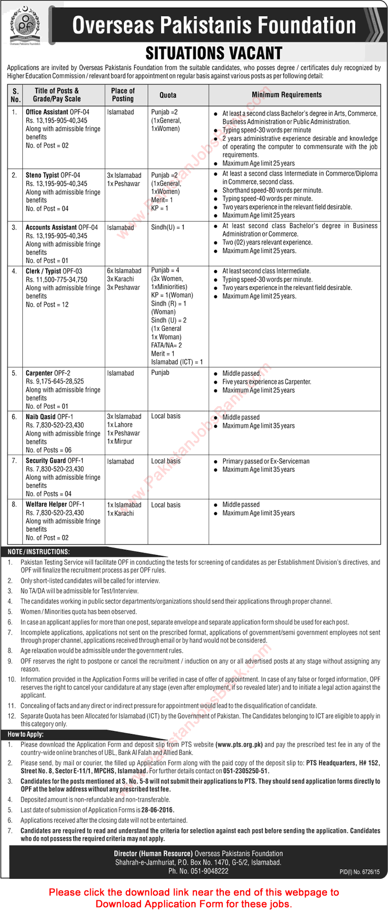Overseas Pakistanis Foundation Jobs June 2016 OPF PTS Application Form Clerks, Stenotypists & Others Latest