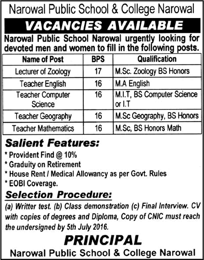 Narowal Public School and College Jobs 2016 June for Lecturers & Teachers Latest