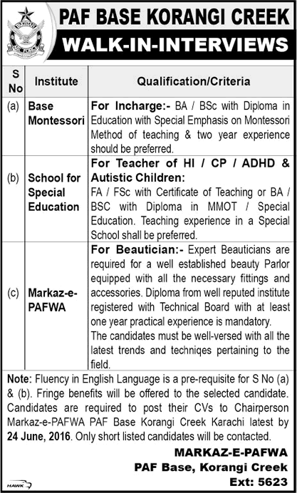 PAF Base Korangi Creek Karachi Jobs June 2016 Teachers, Montessori Incharge & Beauticians Walk in Interviews Latest