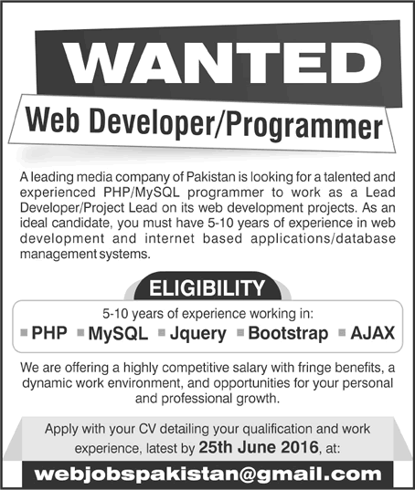 Web Developer / Programmer Jobs in Pakistan June 2016 Latest