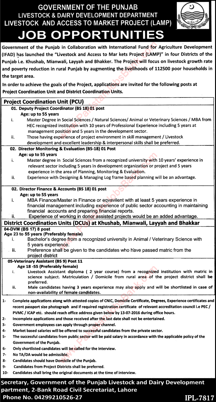 Livestock and Dairy Development Department Punjab Jobs June 2016 Veterinary Assistants, DVM & Others Latest