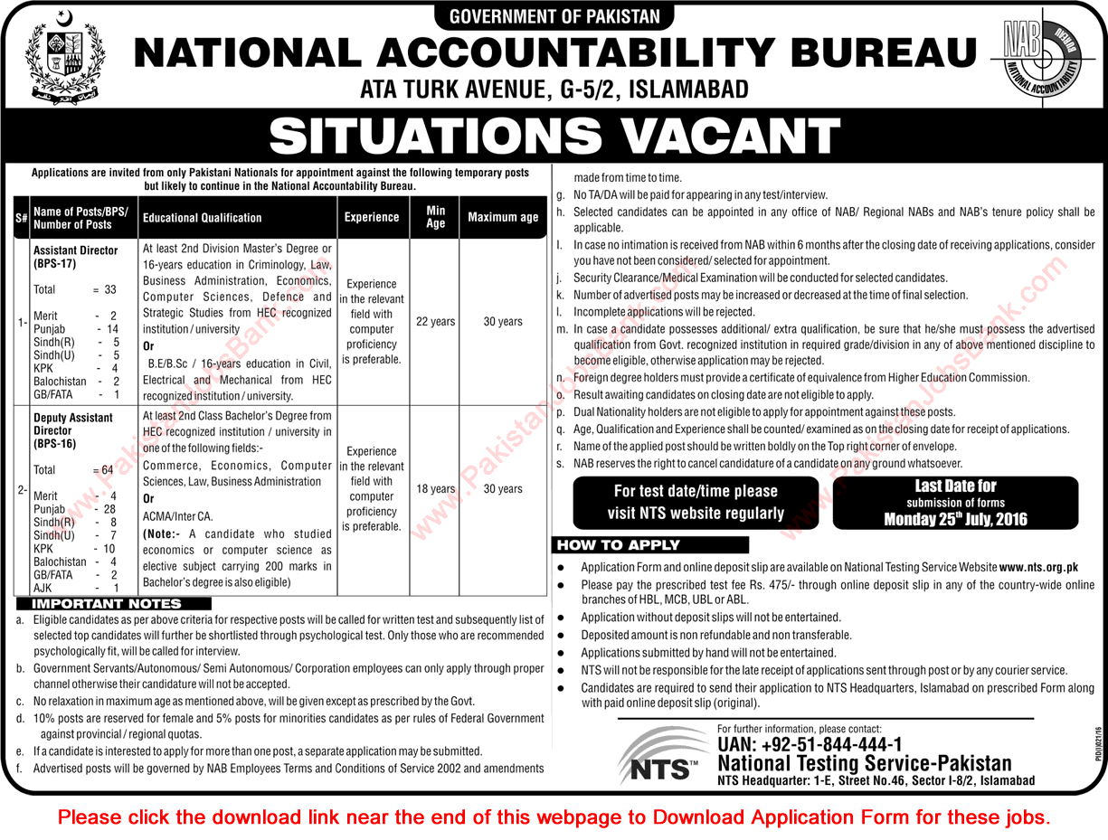 NAB Jobs July 2016 NTS Application Form Deputy / Assistant Directors National Accountability Bureau Latest