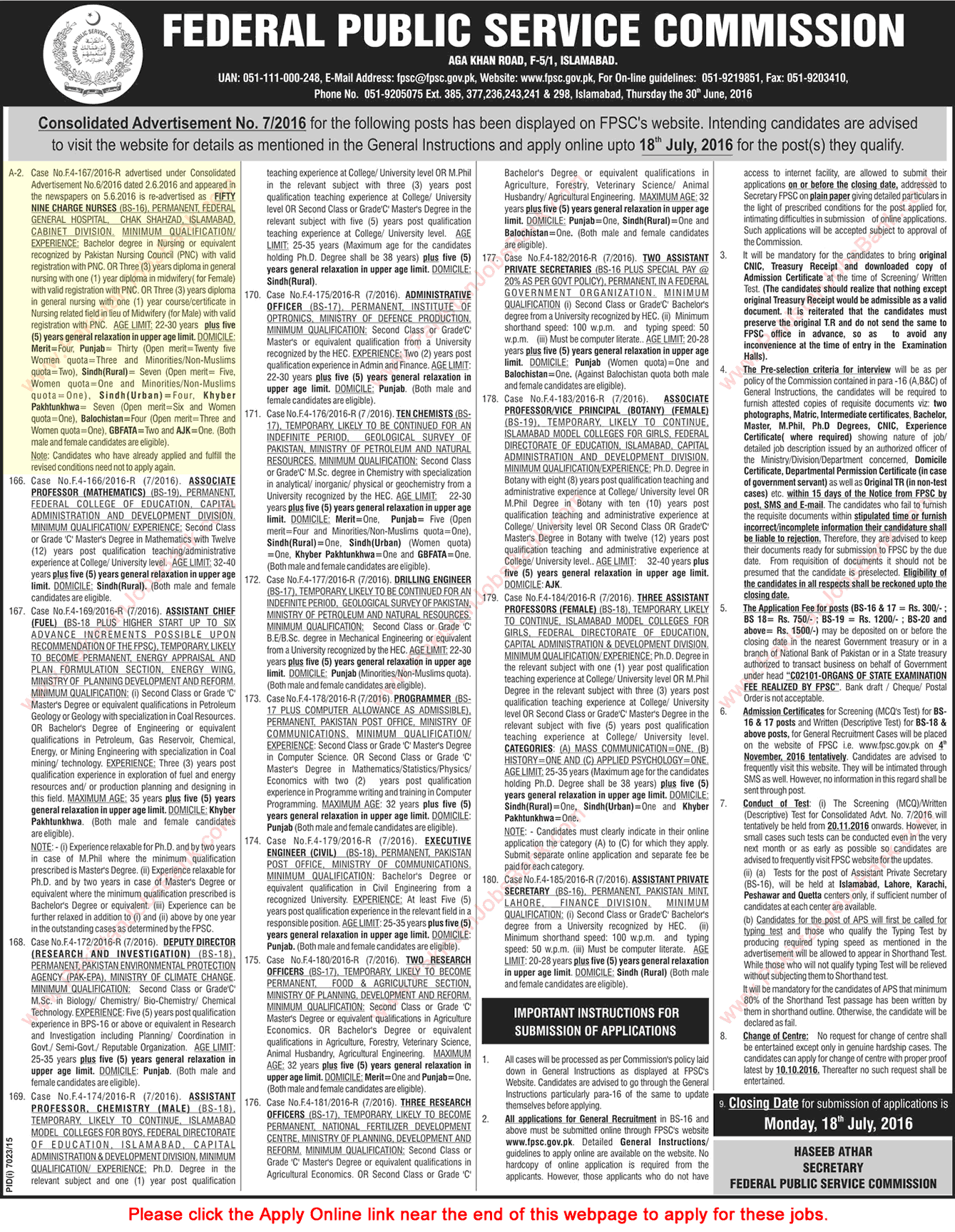 Charge Nurse Jobs in Federal General Hospital Islamabad July 2016 FPSC Apply Online Latest