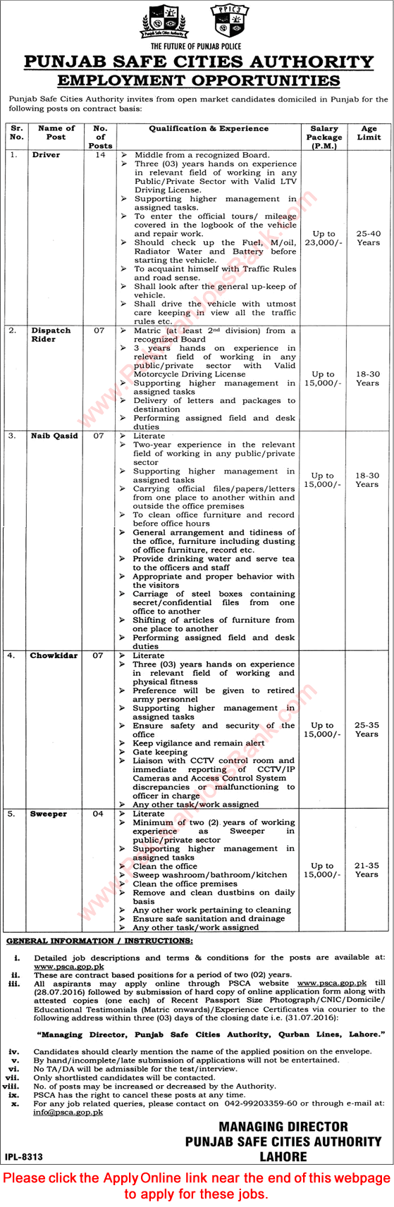 Punjab Safe Cities Authority Jobs July 2016 PSCA Apply Online Naib Qasid, Drivers & Others Latest